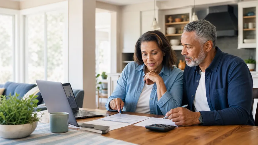 American couple in their early sixties comparing Social Security claiming ages at their dining table